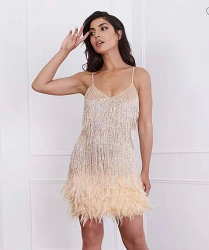 Gold Sequin Fringe Feather Cocktail Dress