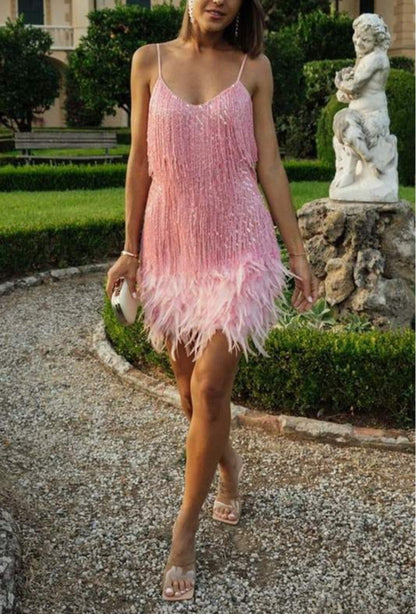pink feather cocktail dress Glamorous Dusty Pink Feather Trim Halter Beaded Evening Dress SS124