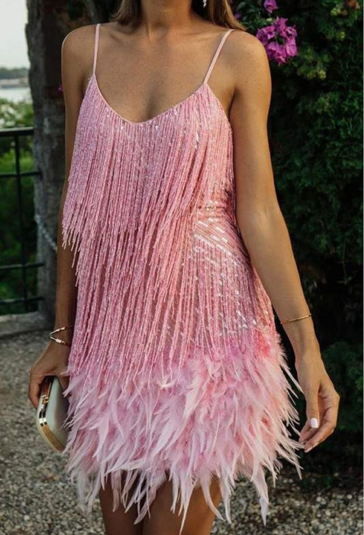 Pink Sequin Fringe Feather Cocktail Dress