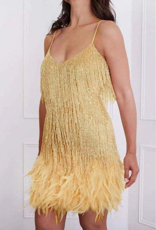 Gold Sequin Fringe Feather Cocktail Dress